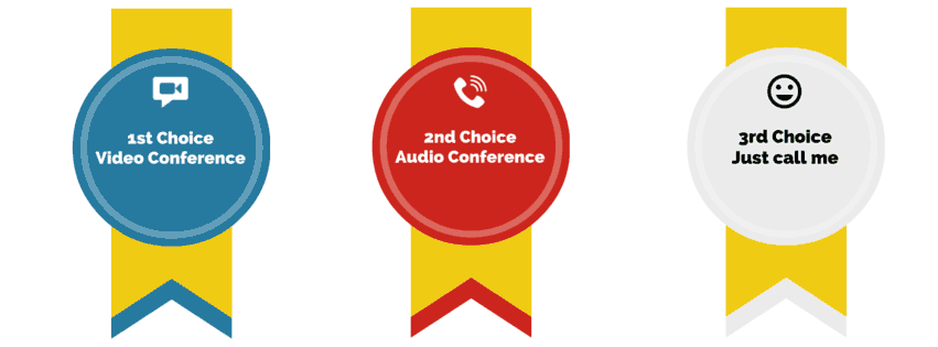 1st choice: video conferencing, 2nd choice: audio conferencing, 3rd choice: just call me