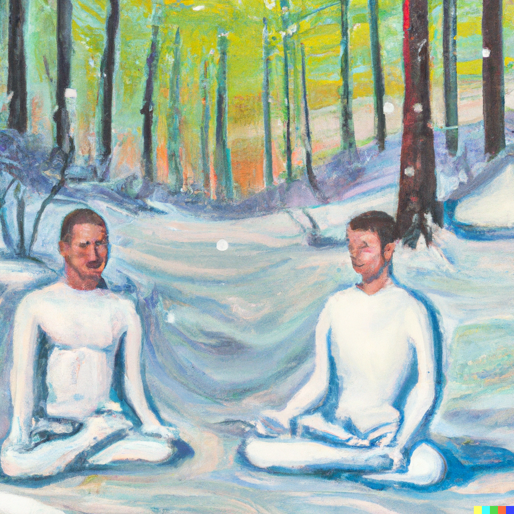 DALL·E 2022-11-18 14.47.42 - two bare chested men meditating in the snow in a forest painting
