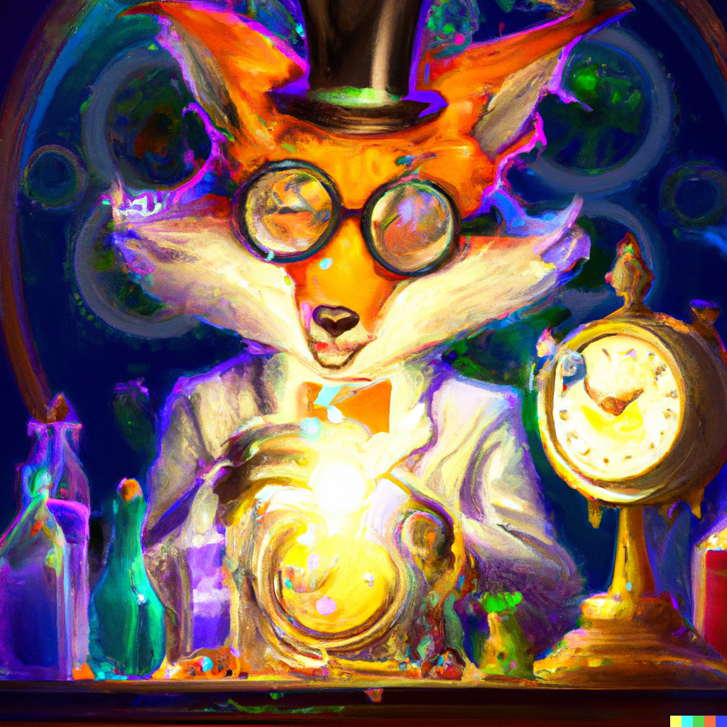 DALL·E 2022-11-18 15.24.42 - fox mad scientist mixing sparkling chemicals to create a magical clock, digital art