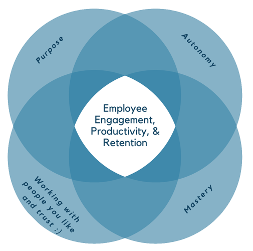 Employee engagement and productivity is centered in purpose, autonomy, mastery and the chance to work with people you like and trust
