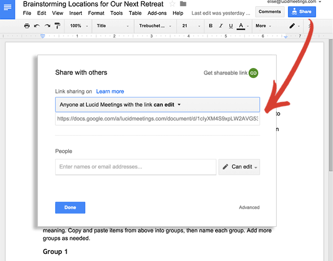 Screenshot showing how to find the share button in the google docs menu