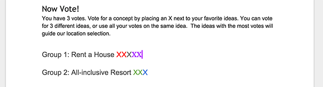 Screenshot of multi-colored x votes next to headings