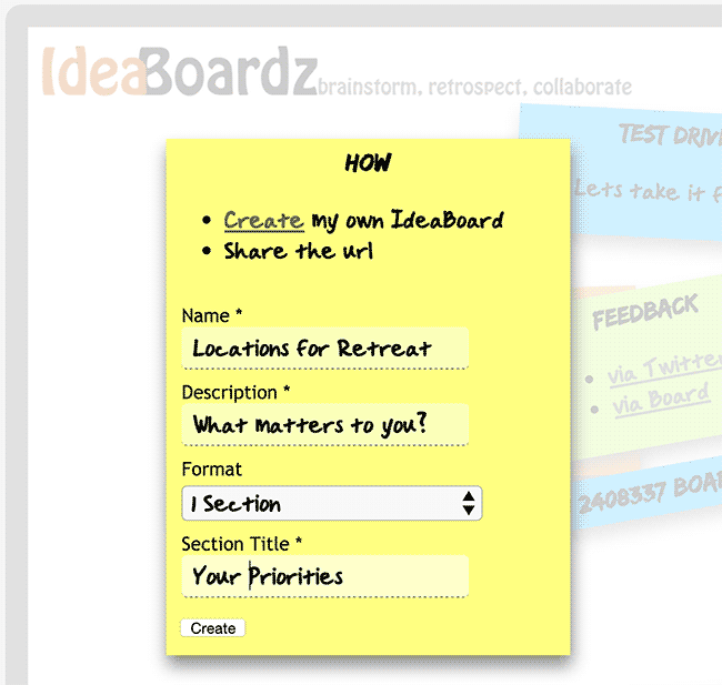 Screenshot of the IdeaBoardz form for creating a new board