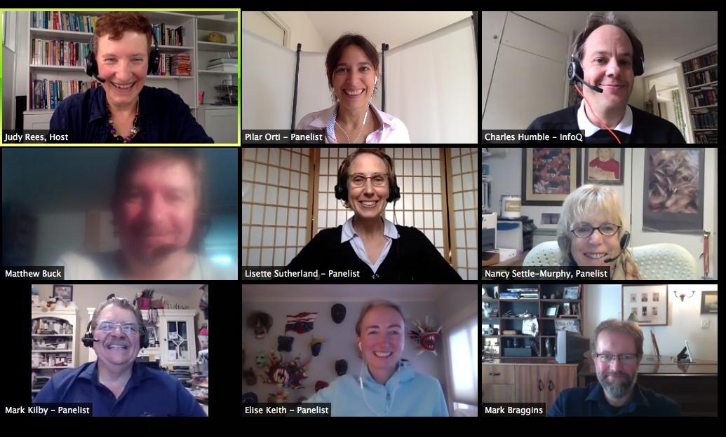 Screenshot of remote meeting experts panel, hosted by InfoQ, Judy Rees, Pilar Orti, Charle Humble, Lisette Sutherland, Nancy Settle-Murphy, Mark Kilby, Elise Keith, Mark Braggins