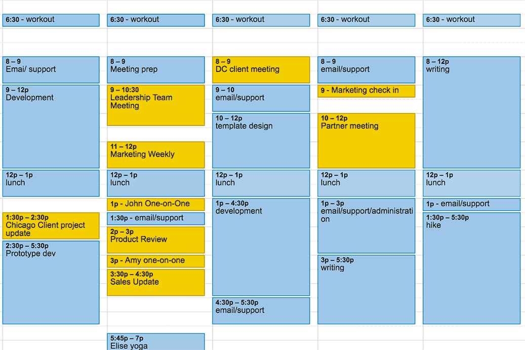 Calendar showing work week time blocked