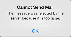 Screenshot of error: Cannot Send Mail. The message was rejected by the server because it is too large.