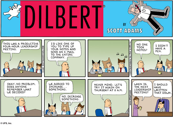 How to take notes in meetings - Dilbert cartoon