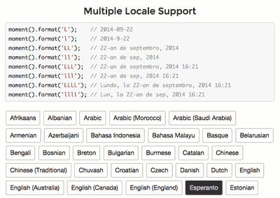 screenshot of moment.js showing language options