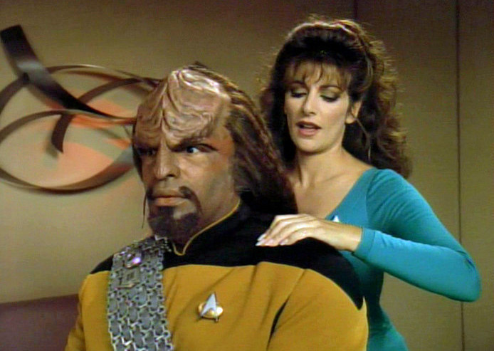 Deanna Troi and Warf make an uneasy couple